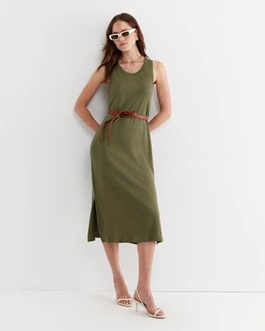 Tonia Linen Tank Midi Dress in KHAKI