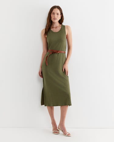 Tonia Linen Tank Midi Dress in KHAKI