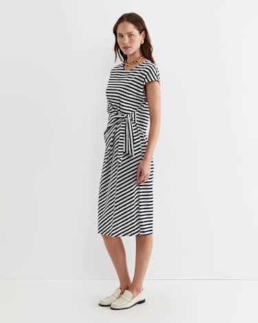 Tie Mercerised Cotton Jersey Dress in WHITE/NAVY