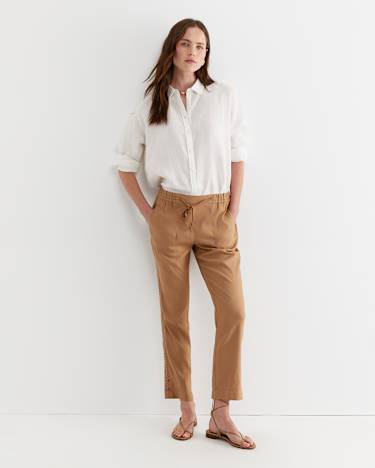 Rosa Lace Trim Linen Pant in TAN