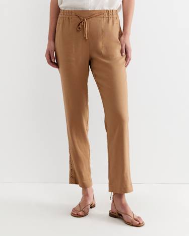 Rosa Lace Trim Linen Pant in TAN