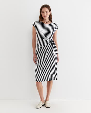 Tie Mercerised Cotton Jersey Dress in WHITE/NAVY