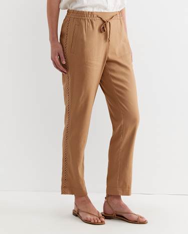 Rosa Lace Trim Linen Pant in TAN