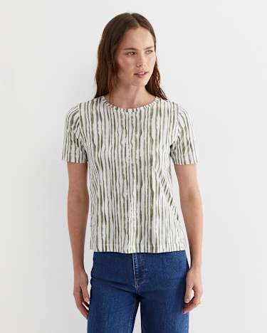 Tina Stripe Mercerised Tee in WHITE/KHAKI