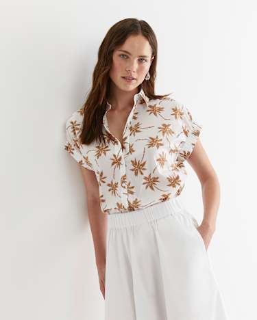 Palm Short Sleeve Lily Voile Shirt in TAN/WHITE