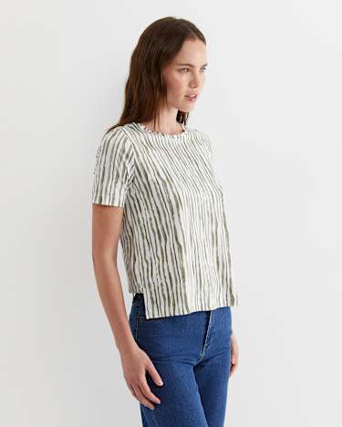 Tina Stripe Mercerised Tee in WHITE/KHAKI