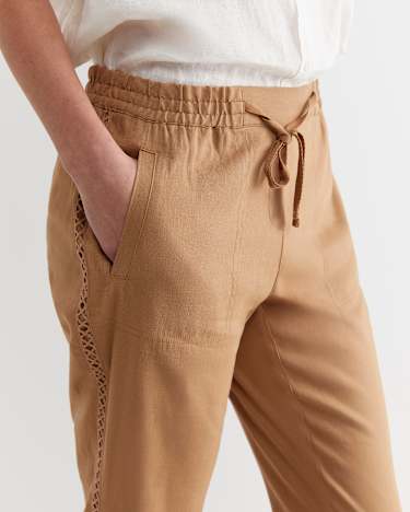 Rosa Lace Trim Linen Pant in TAN