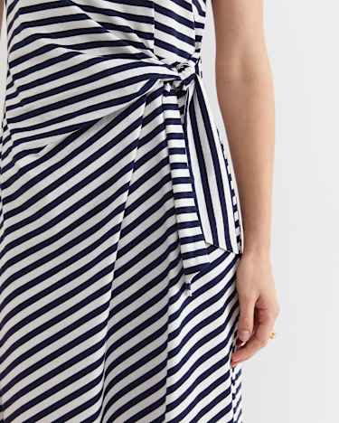 Tie Mercerised Cotton Jersey Dress in WHITE/NAVY