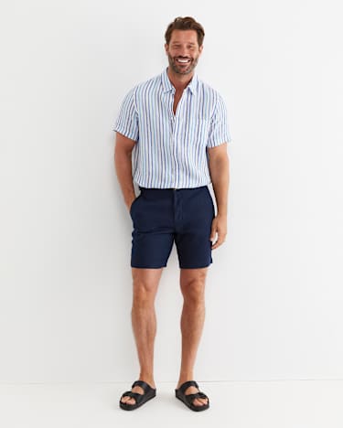 Fenton Short Sleeve Stripe Linen Shirt in BLUE MULTI