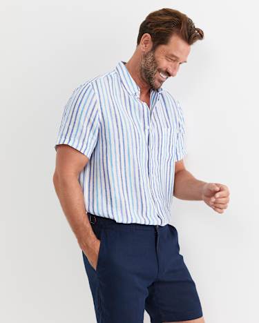 Fenton Short Sleeve Stripe Linen Shirt in BLUE MULTI