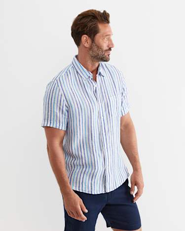 Fenton Short Sleeve Stripe Linen Shirt in BLUE MULTI