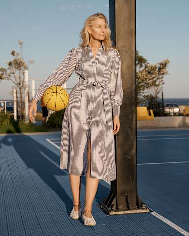 Amelia Stripe Midi Dress in NAVY/WHITE