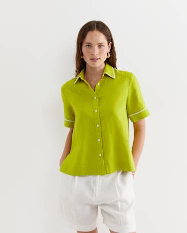Lulu Blanket Stitch Linen Shirt in CELERY