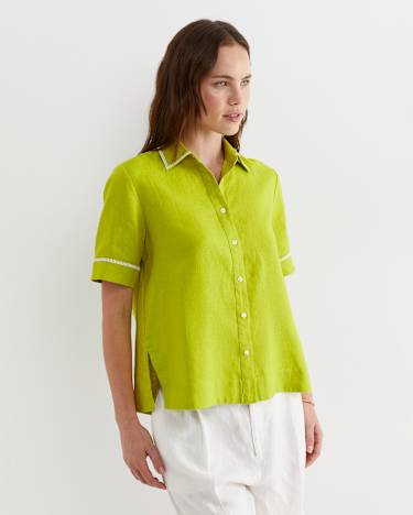 Lulu Blanket Stitch Linen Shirt in CELERY