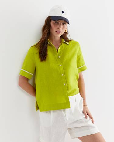 Lulu Blanket Stitch Linen Shirt in CELERY