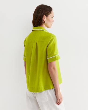 Lulu Blanket Stitch Linen Shirt in CELERY