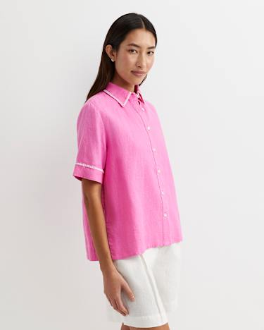 Lulu Blanket Stitch Linen Shirt in STRAWBERRY
