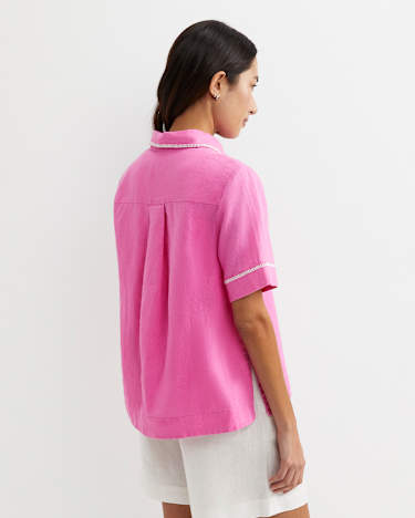 Lulu Blanket Stitch Linen Shirt in STRAWBERRY