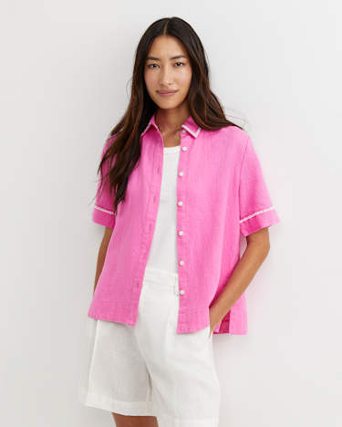 Lulu Blanket Stitch Linen Shirt in STRAWBERRY