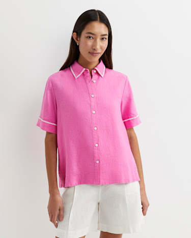 Lulu Blanket Stitch Linen Shirt in STRAWBERRY