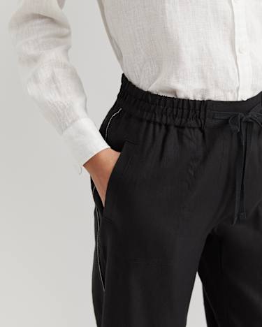 Rosa Bead Trim Crop Linen Pant in BLACK
