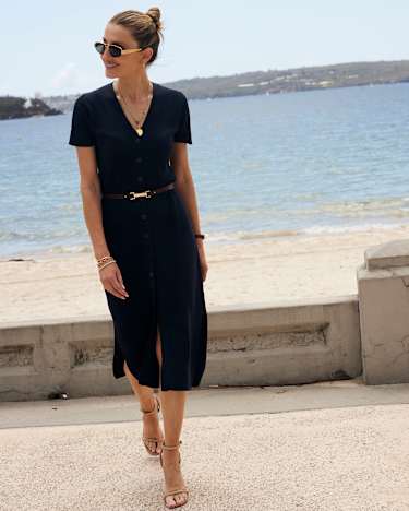 Becky Cotton Knit Midi Dress in NAVY