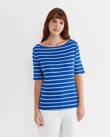 Heidi Boat Neck Half Sleeve Tee in BLUE/WHITE