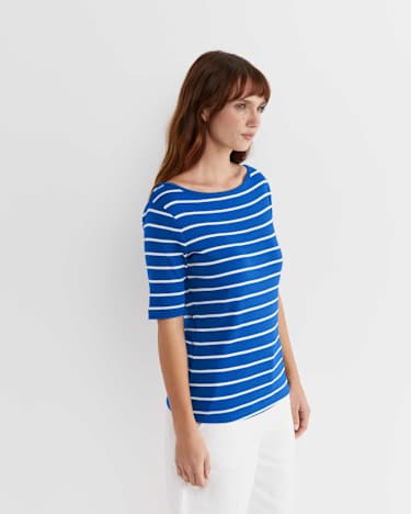Heidi Boat Neck Half Sleeve Tee in BLUE/WHITE