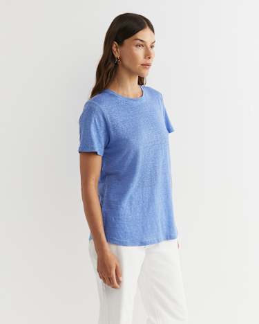 Tonia Crew Neck Linen Tee in BELLE BLUE