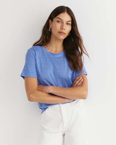 Tonia Crew Neck Linen Tee in BELLE BLUE