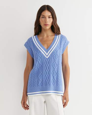 Elka Cable V-Neck Vest in BELLE BLUE