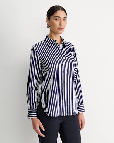 Hannah Stripe Cotton Silk Shirt in WHITE/NAVY