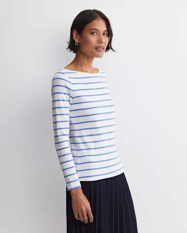 Heidi Long Sleeve Rib Tee in WHITE/BLUE