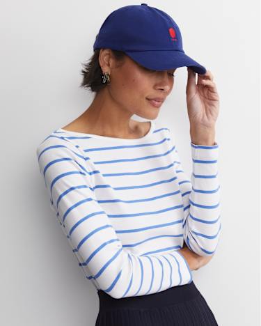 Heidi Long Sleeve Rib Tee in WHITE/BLUE
