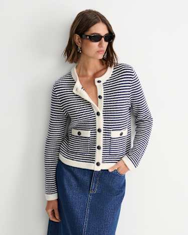 Joyce Merino Wool Cardigan in NAVY/WHITE
