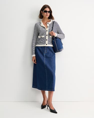 Joyce Merino Wool Cardigan in NAVY/WHITE