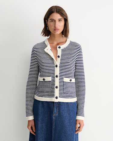 Joyce Merino Wool Cardigan in NAVY/WHITE