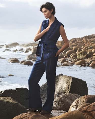 Chiara Check Straight Pant in NAVY