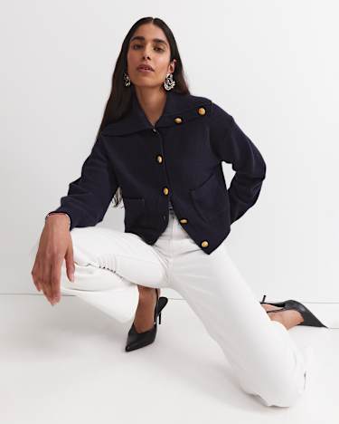 Sunshine Collared Merino Cardigan in NAVY