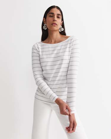 Heidi Long Sleeve Rib Tee in WHITE/GREY MELANGE