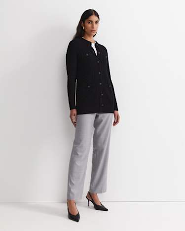 Longline Merino Blend Cable Cardigan in BLACK