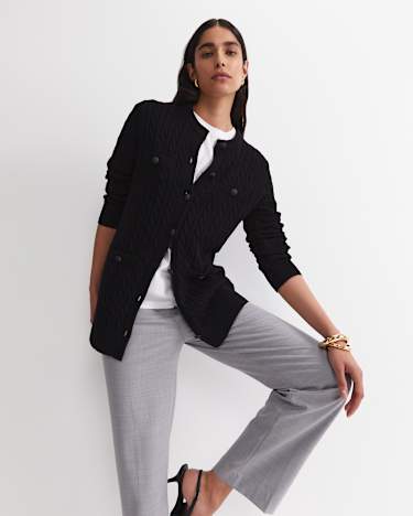 Longline Merino Blend Cable Cardigan in BLACK