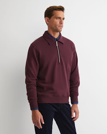Collared Zip Sweat in BURGUNDY