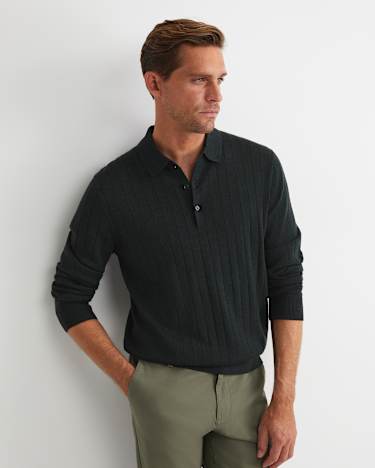 Angus Merino Long Sleeve Knit Polo in FOREST