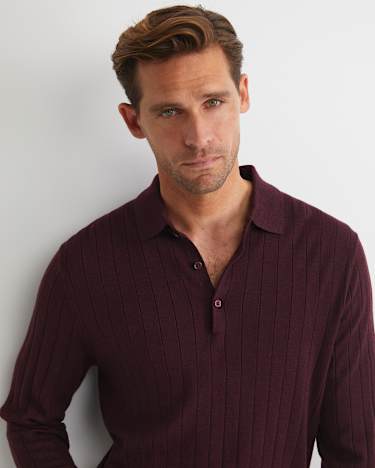 Angus Merino Long Sleeve Knit Polo in BURGUNDY