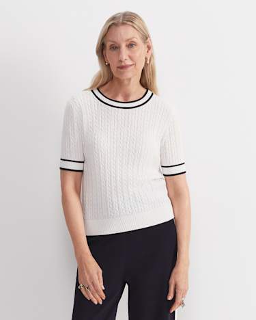Elka Cable Short Sleeve Knit in WHITE/NAVY