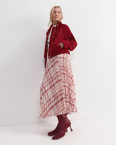Ruby Check Pleat Maxi Skirt in WHITE/RED