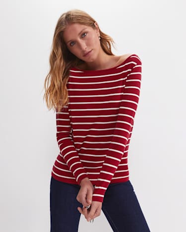 Heidi Long Sleeve Rib Tee in RED/WHITE