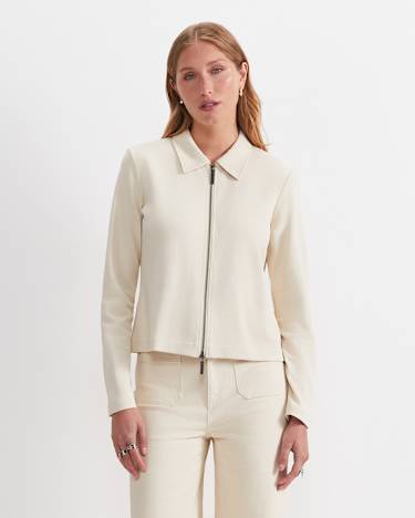 Long Sleeve Zip Through Top in BONE