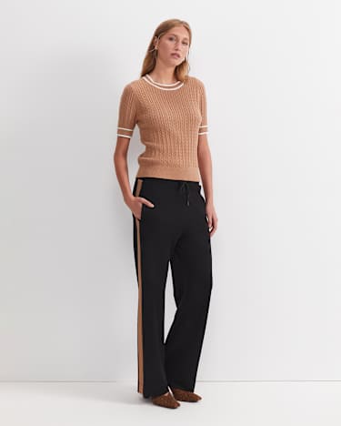 Elka Cable Short Sleeve Knit in TAN/WHITE